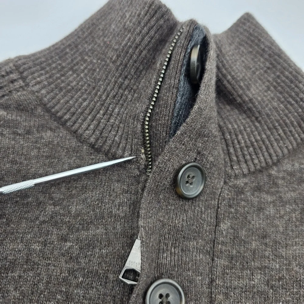 Banana Republic Sweater Mens L Brown Wool Blend Italian Yarn 1/4 Zip Button Read